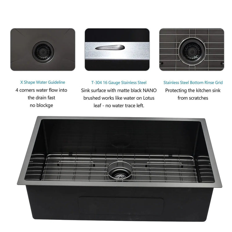 28" Undermount Kitchen Sink 16 Gauge 10" Deep Single Bowl - Gunmetal Black by HouseOfZazla