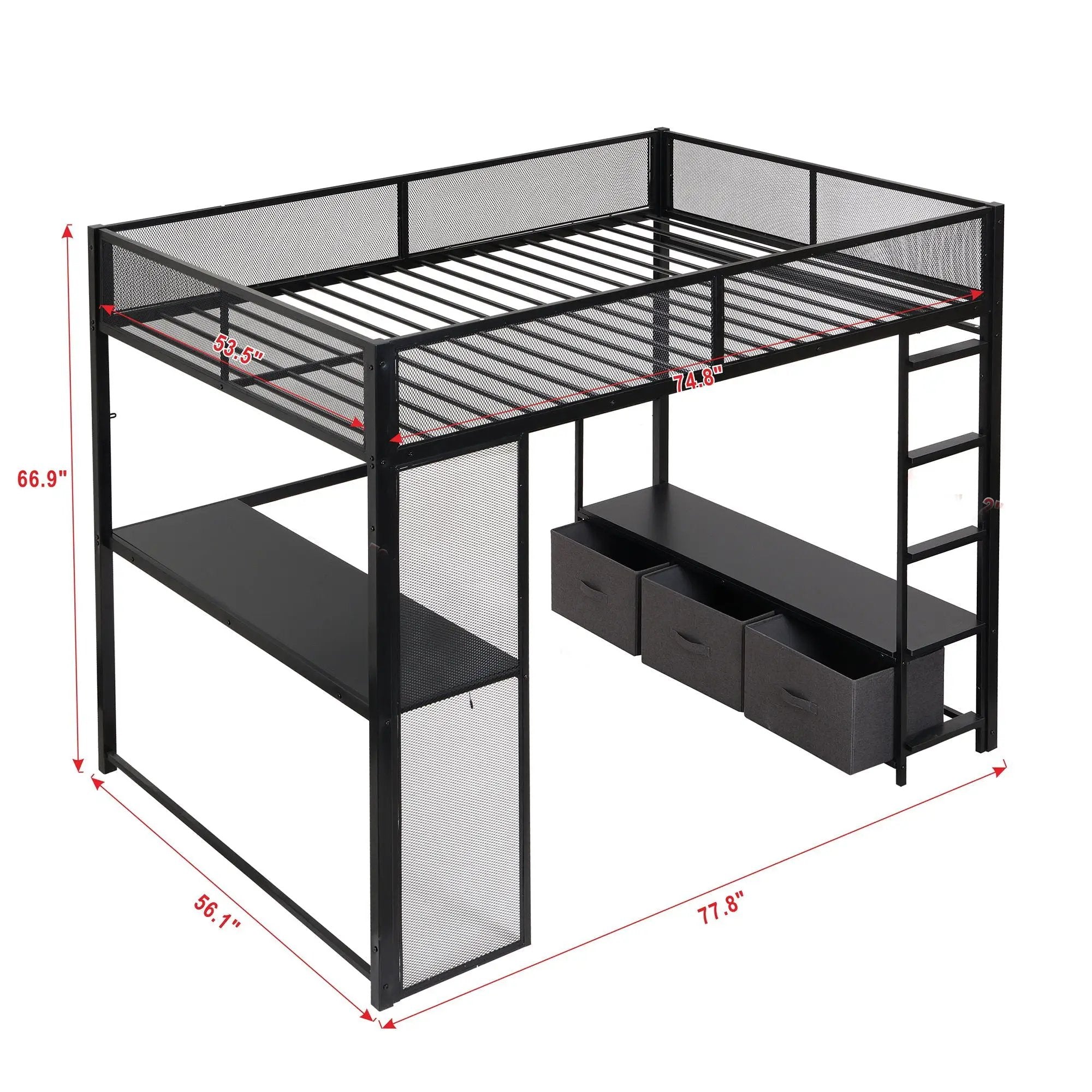 Full Size Gaming Loft Bed With LED Desk, Open Wardrobe, 3 Linen Storage Drawers - Black by Unique Piece Furniture