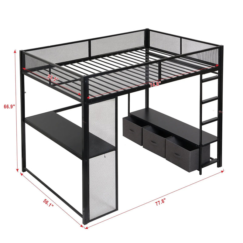 Full Size Gaming Loft Bed With LED Desk, Open Wardrobe, 3 Linen Storage Drawers - Black by HouseOfZazla