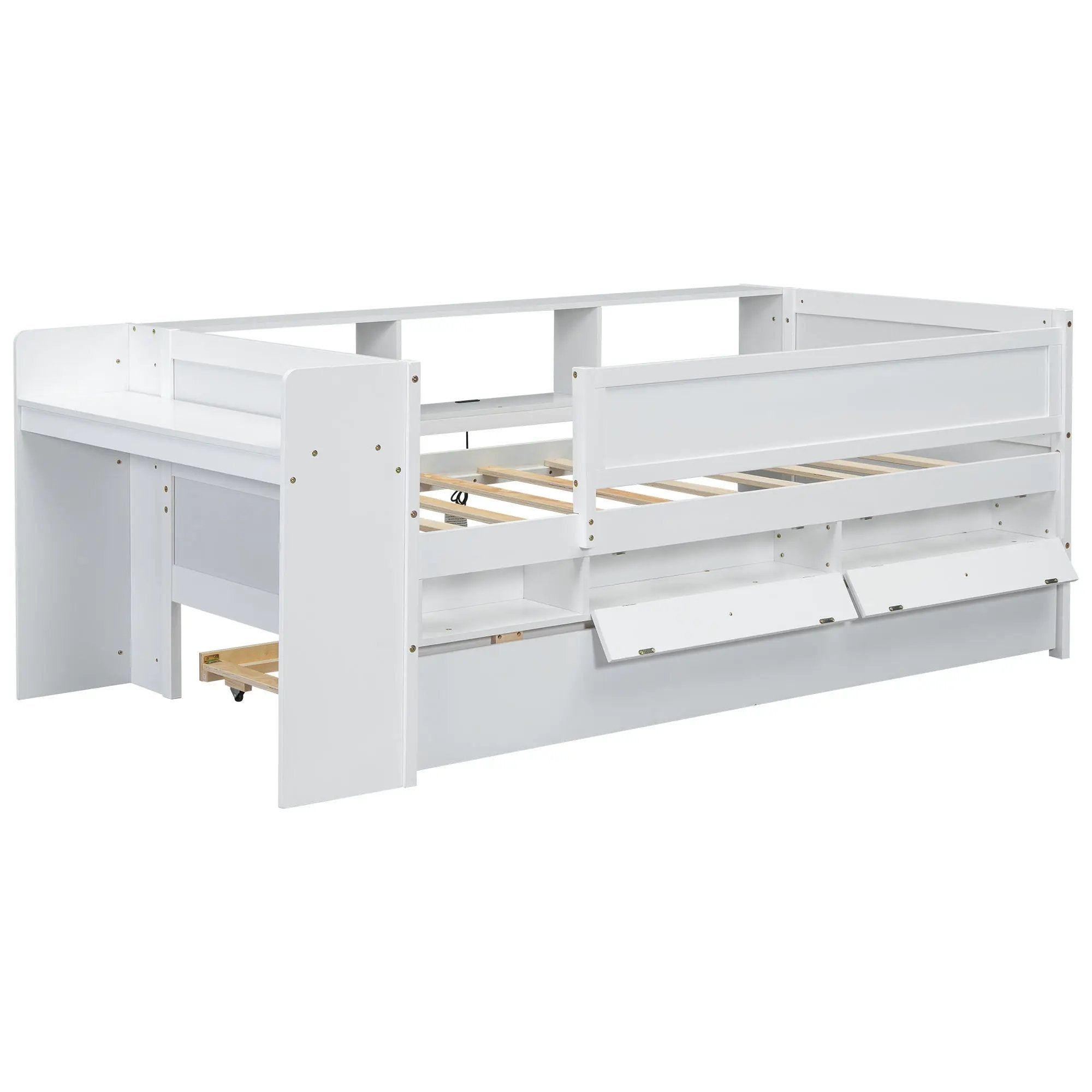 Twin Daybed With Drawers, Trundle, Headboard Storage, Study Desk, And USB Charging Station - White by HouseOfZazla