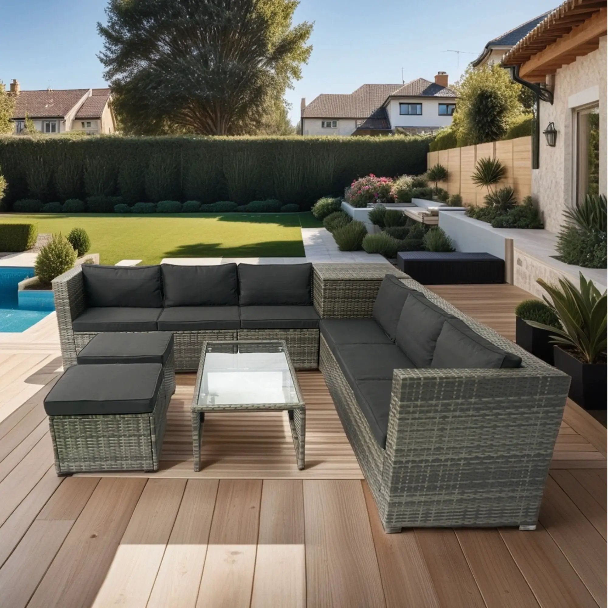 8 Piece Patio Sectional Wicker Rattan Outdoor Furniture Sof Set With One Storage Box Under Seat And Cushion Box - Gray / Black by HouseOfZazla