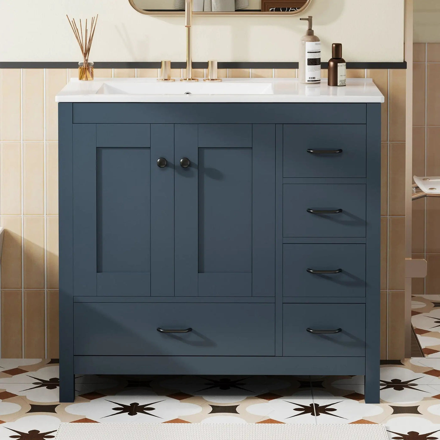 Bathroom Vanity With Ceramic Sink Combo, Abundant Storage Cabinet 2 Soft Close Doors And 5 Drawers by Unique Piece Furniture