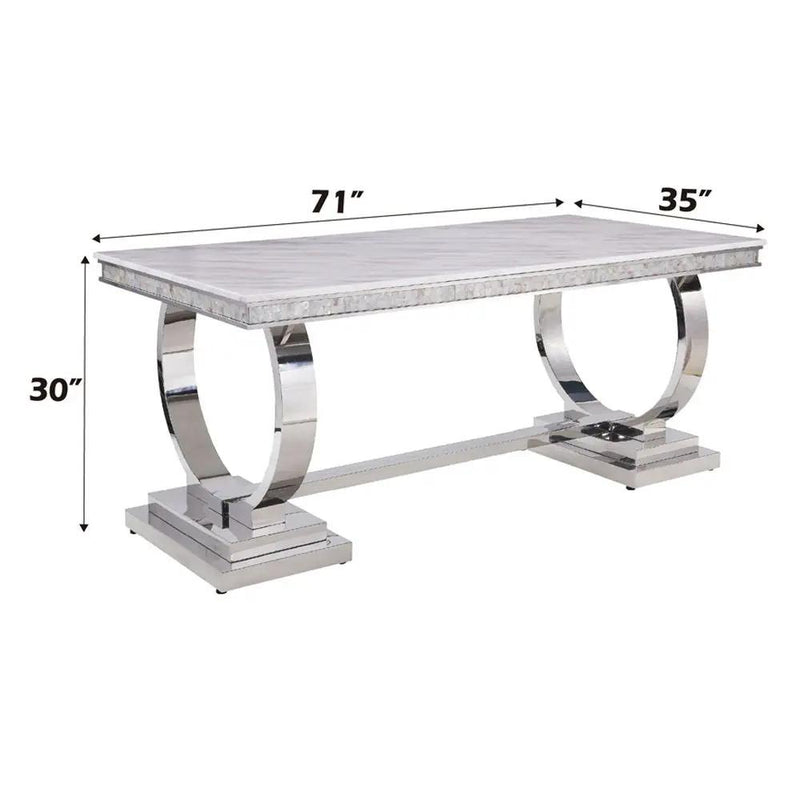Zander - Dining Table - White Printed Faux Marble Top & Mirrored Silver by Unique Piece Furniture