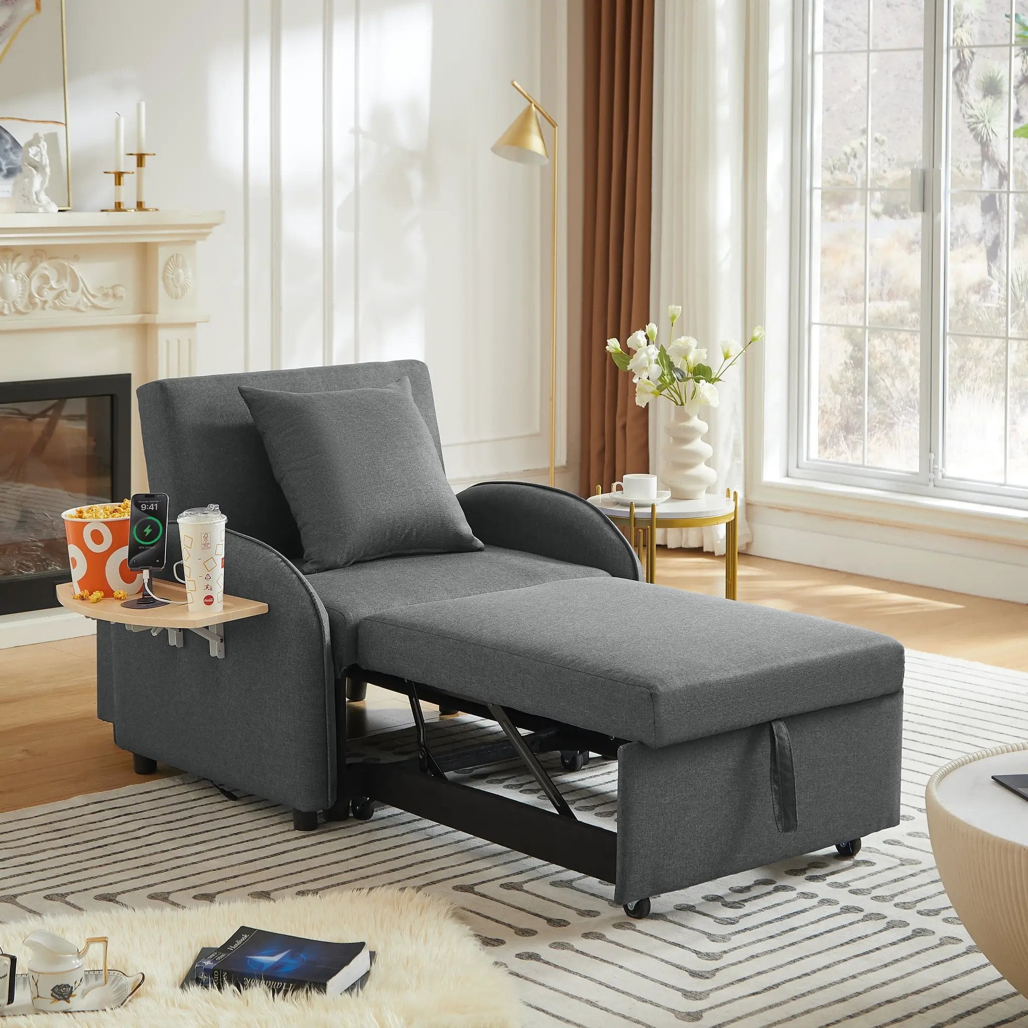 Sleeper Sofa Chair Bed, 3-In-1 Convertible with Adjustable Backrest & Foldable Table by HouseOfZazla