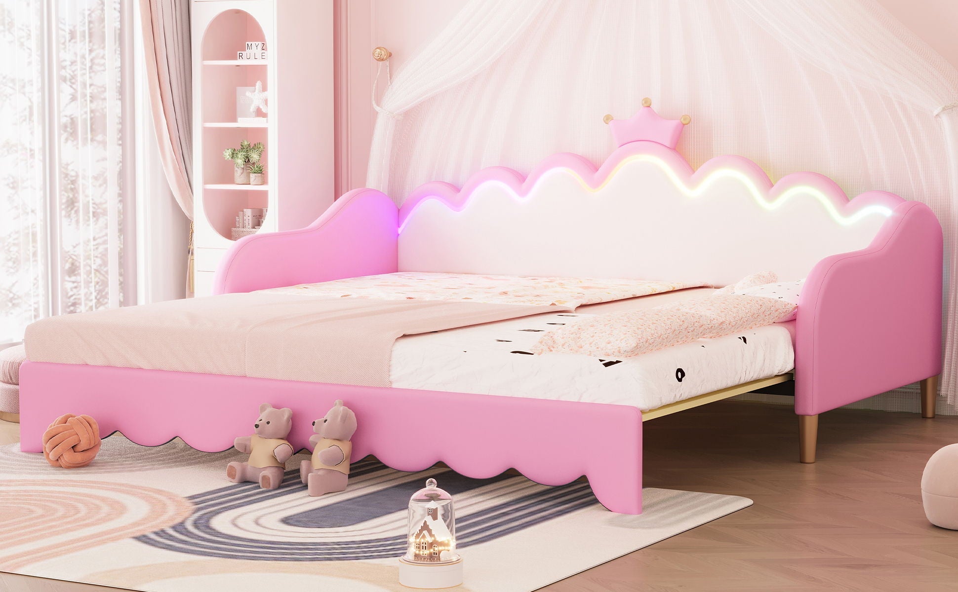 Extending Daybed With LED Lights, Modern Upholstered Princess Daybed With Crown Headboard by HouseOfZazla