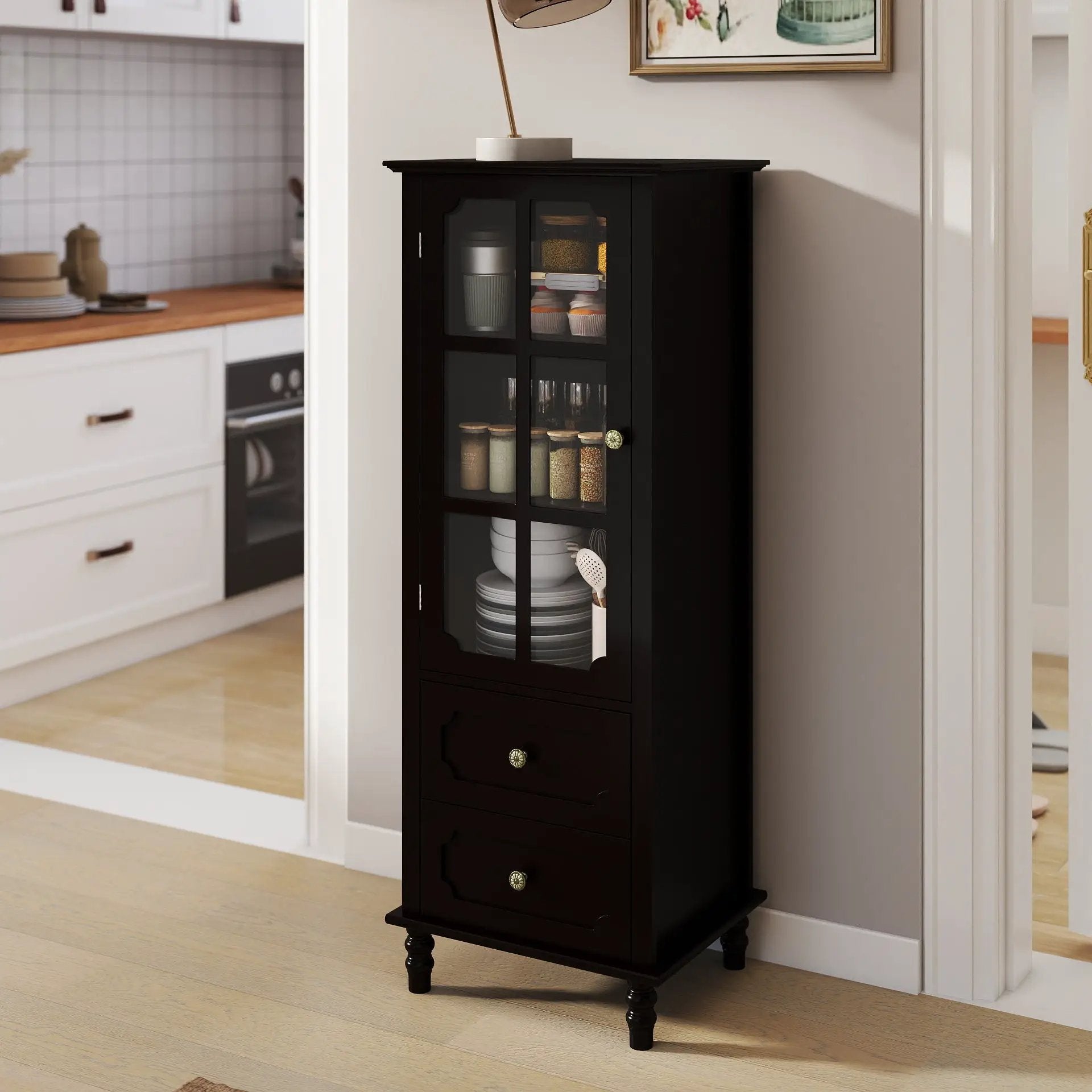 Black Tall Storage Cabinet with Glass Door & 2 Drawers by HouseOfZazla