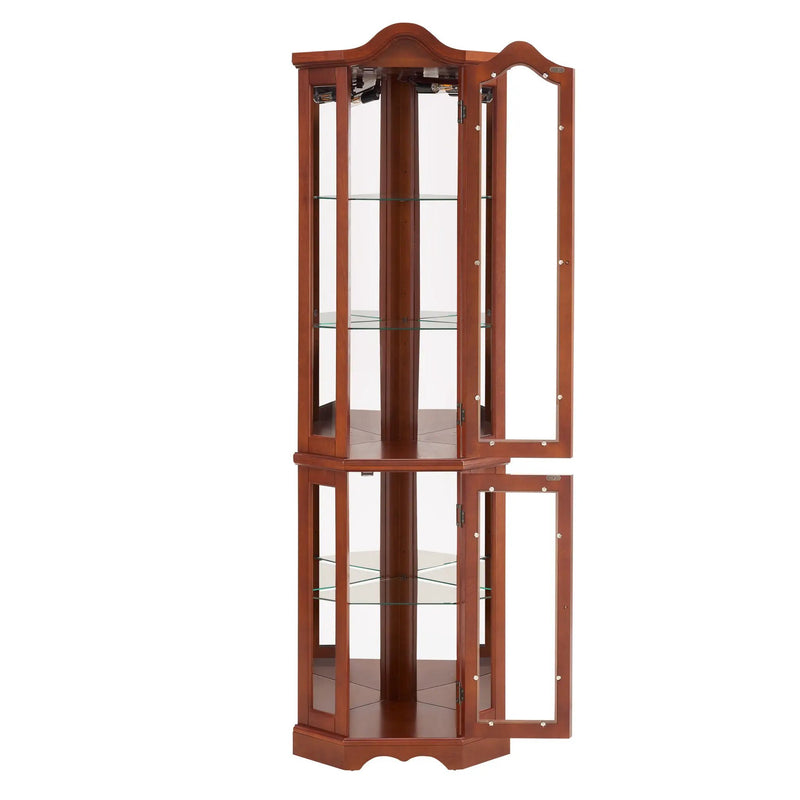 Corner Curio Cabinet With Lights, Adjustable Tempered Glass Shelves, Mirrored Back, Display Cabinet (E26 Light Bulb Not Included) - Walnut by Unique Piece Furniture