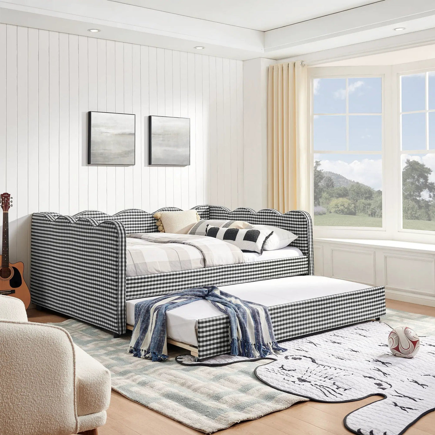 Gingham Daybed With USB Charging Port, Wave-Shaped Design by HouseOfZazla