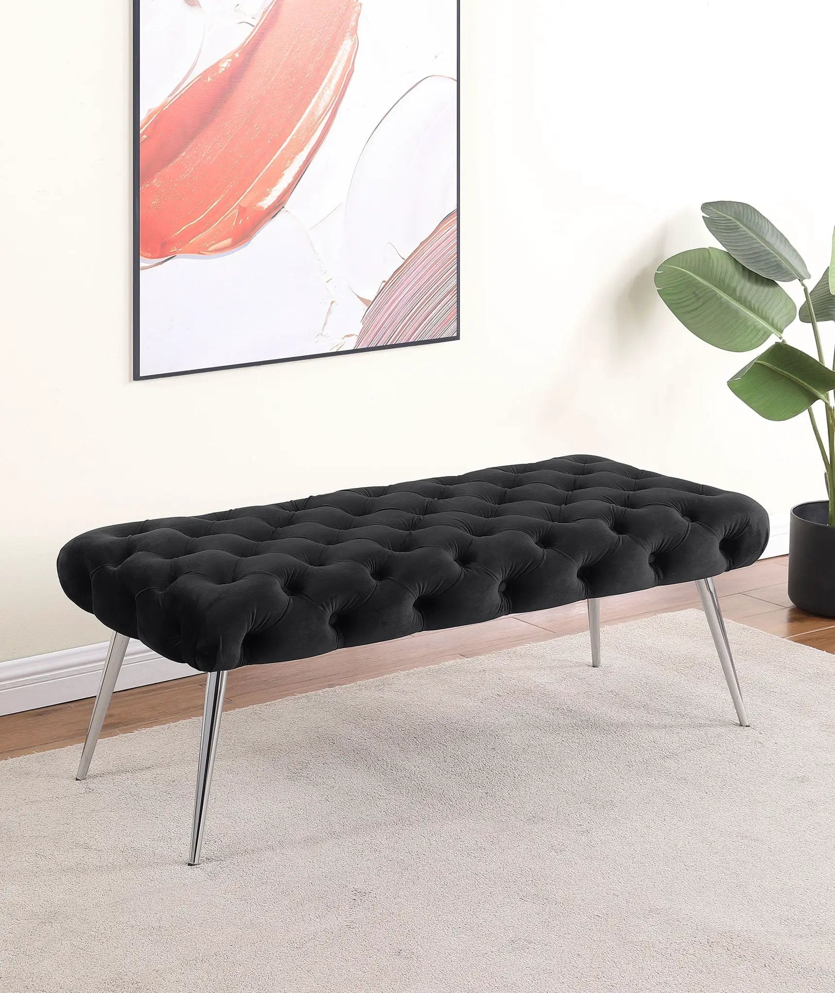 Ella Upholstered Tufted Bench Stainless Steel Legs Black by Unique Piece Furniture