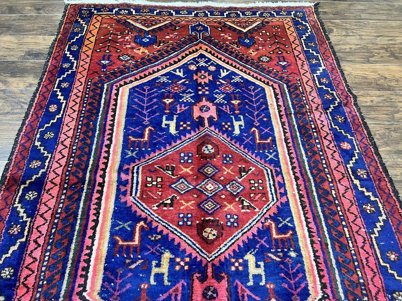 Persian Tribal Rug 5x7, Wool Handmade Vintage Hamadan Nahavand Carpet, Red & Navy Blue, Animal Motifs, Geometric Oriental Rug 5 x 7 by Jewel Rugs