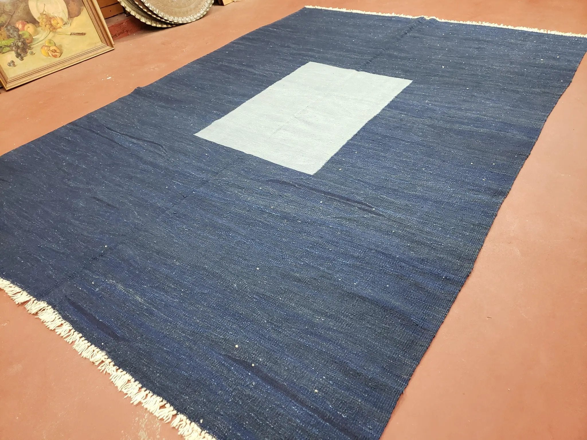 Large Blue Turkish Kilim Rug 7x10, Handmade, Wool by Jewel Rugs