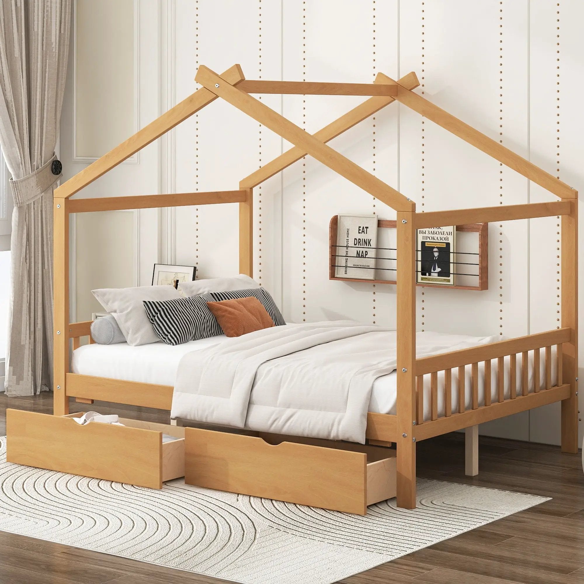 House Style Platform Bed With Headboard, Footboard, 2 Drawers, And Roof Design by Unique Piece Furniture
