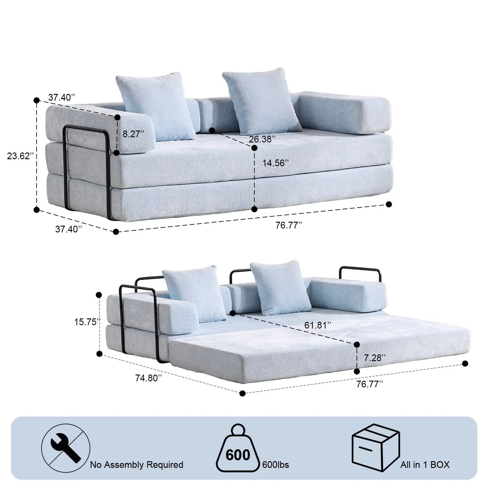 Convertible Floor Sofa Bed With Pillow Back Support Armrest by Unique Piece Furniture
