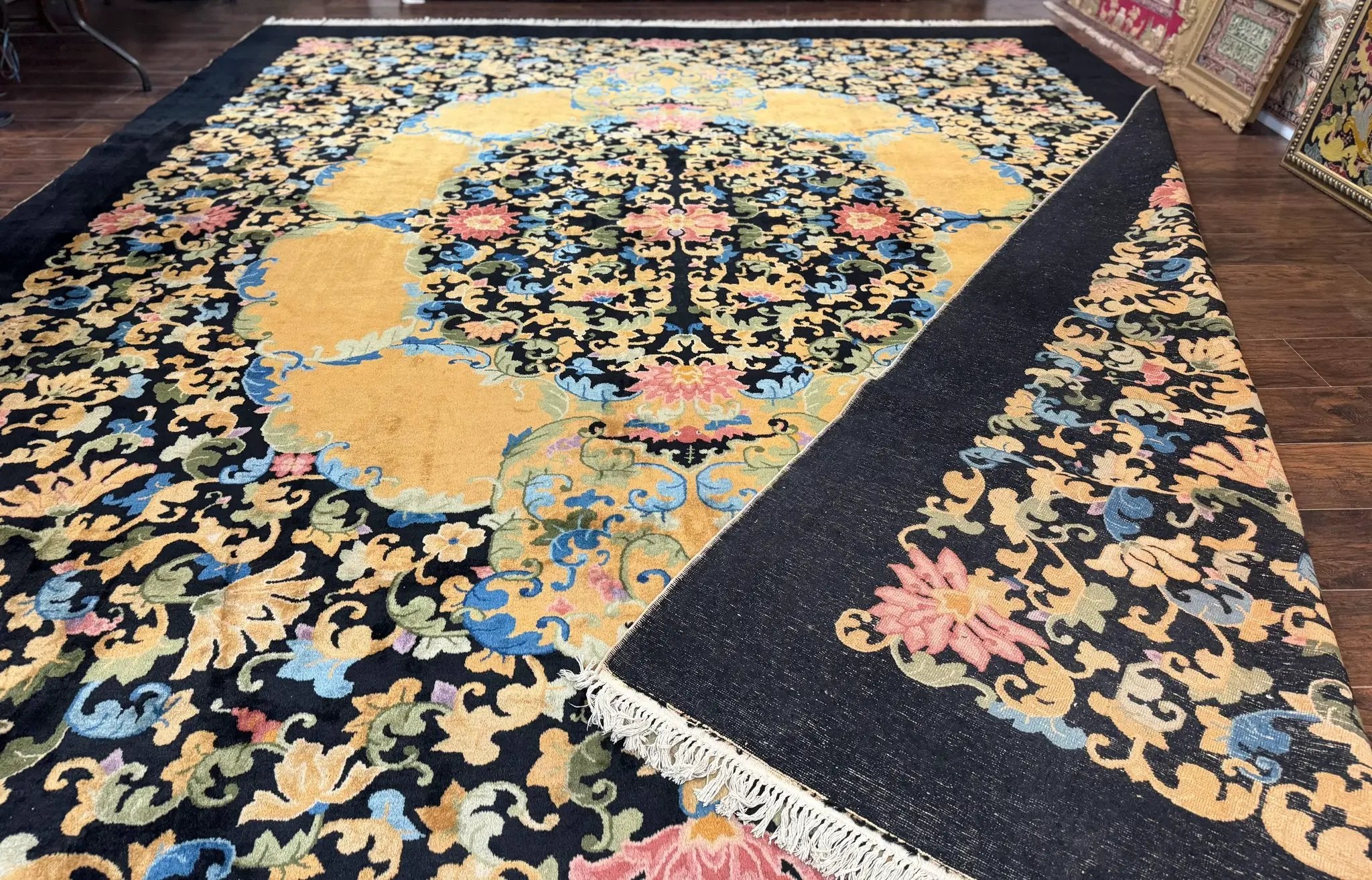 Antique Chinese Peking Rug 12.6 x 14.9, Palace Size Asian Oriental Carpet, Art Deco Rug, Rare by Jewel Rugs