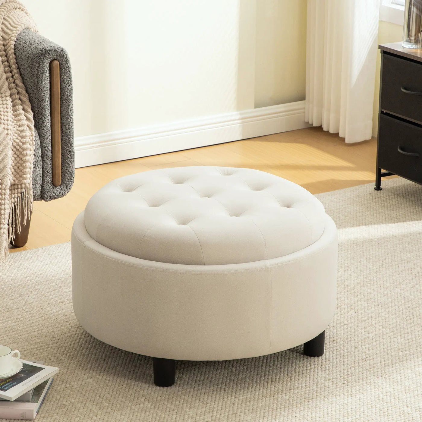 29.33"W Upholstered Round Ottoman With Reversible Lid by HouseOfZazla