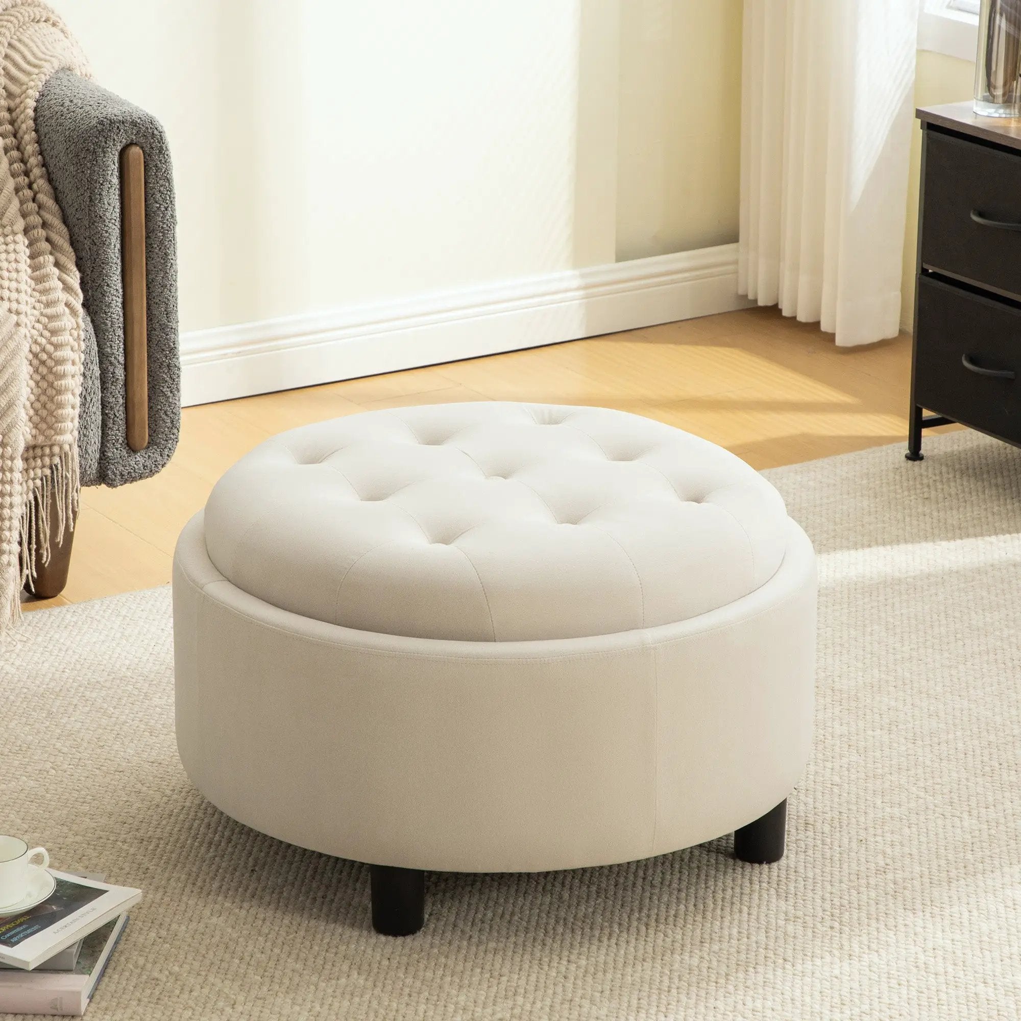 29.33"W Upholstered Round Ottoman With Reversible Lid by HouseOfZazla