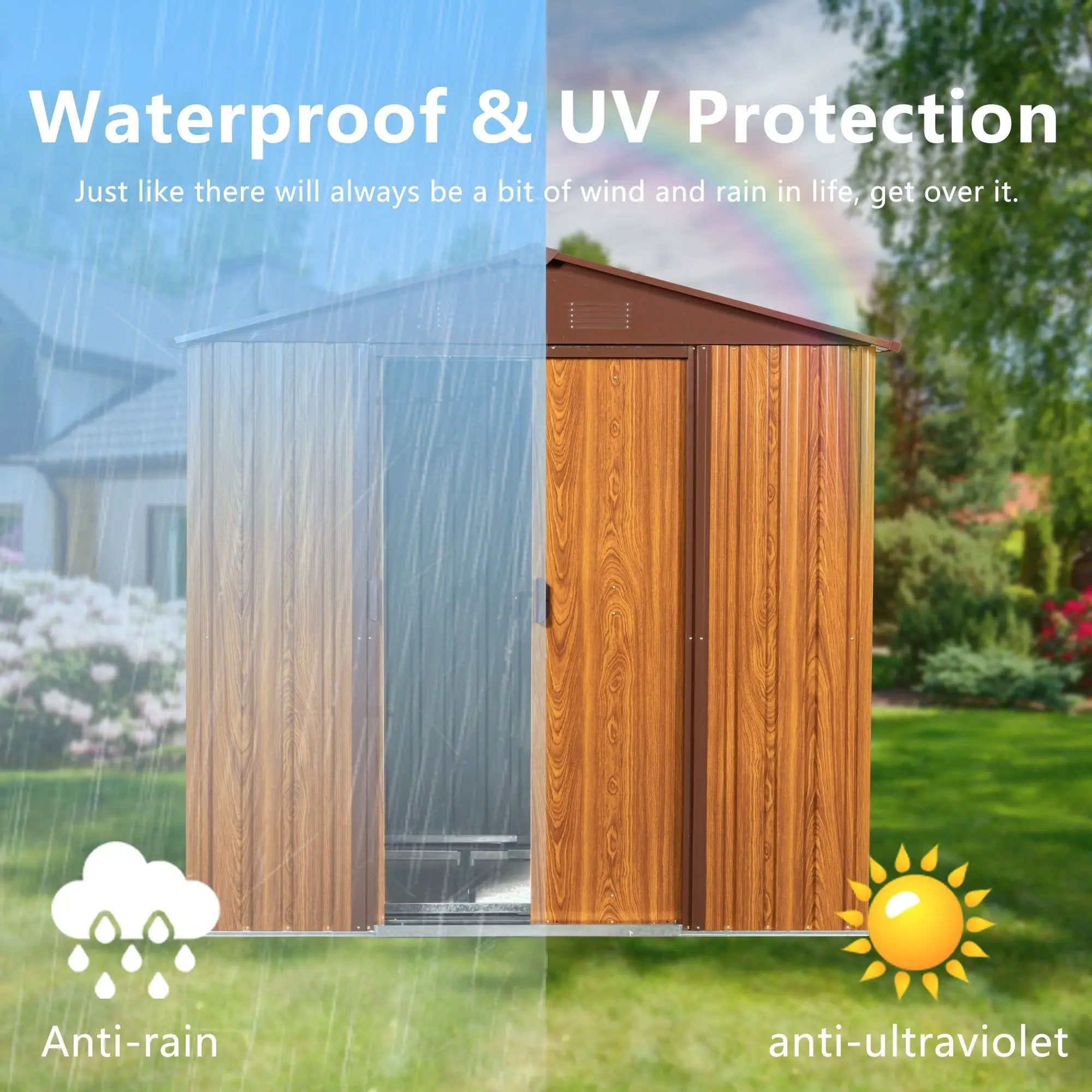 Metal Storage Shed Appealing Horizontal Siding In Woodgrain With Coffee Trim To Complement - Light Brown by HouseOfZazla