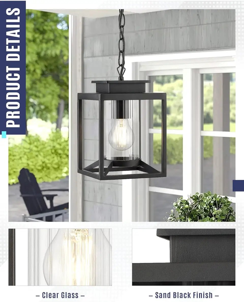 Brand New Osimir Outdoor Pendant Light for Porch, 1-Light Black Hanging Porch Light Modern Exterior Hanging Lantern with Cylinder Glass and Adjustable Chain for Gazebo, 2353/1H by Selzalot