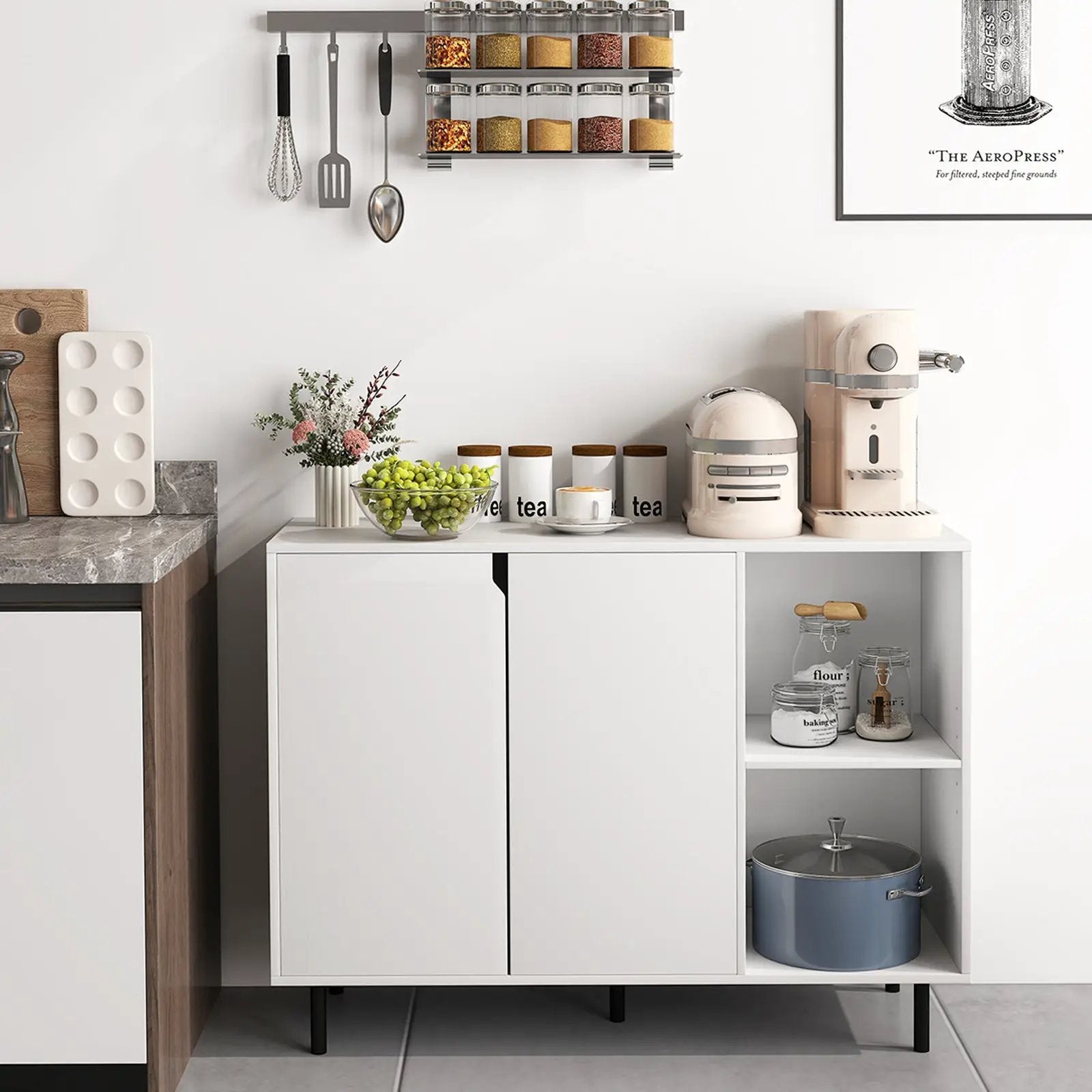 42 Inch Sideboard Buffet Cabinet Kitchen with Adjustable Shelves-White by DirectDeals