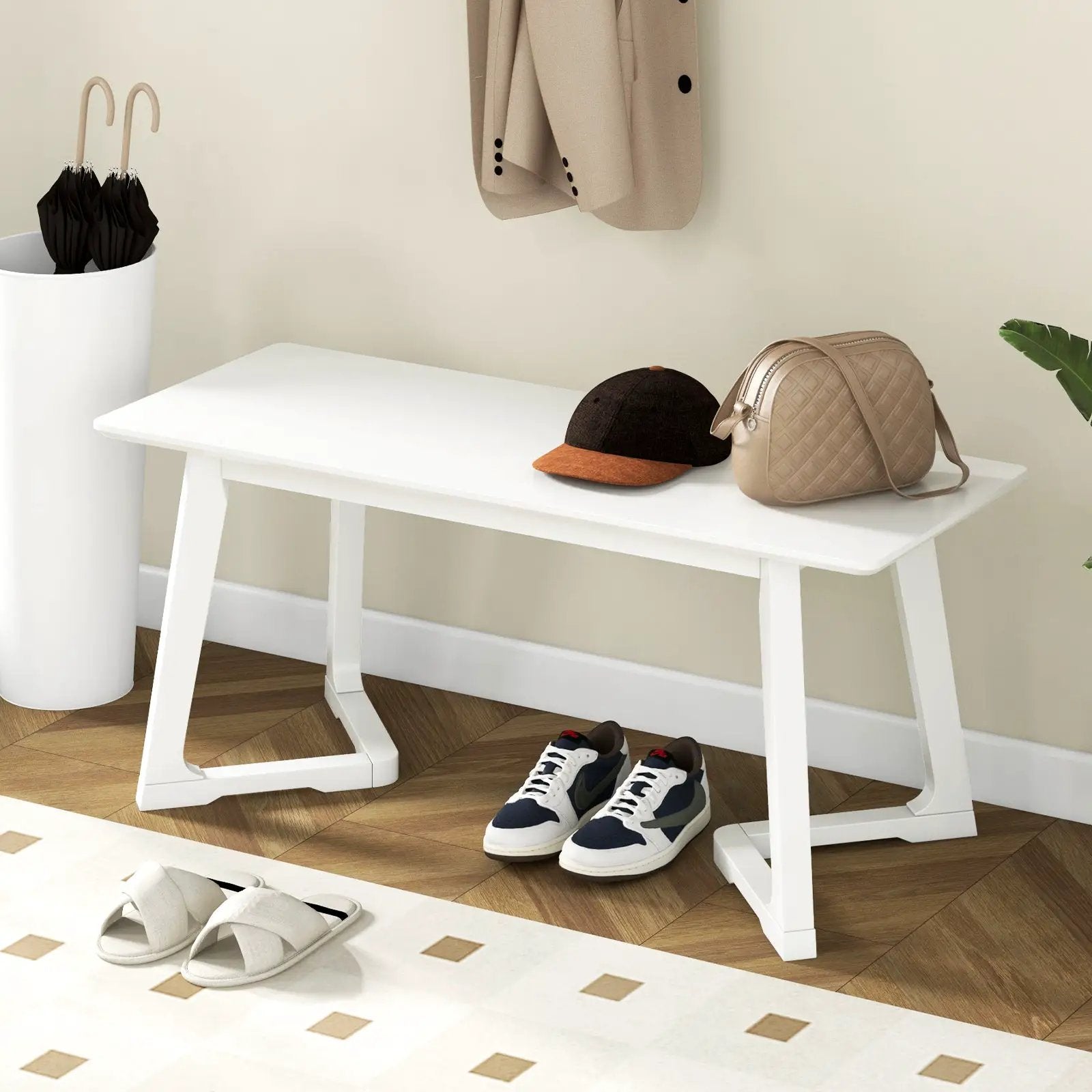 42 Inch Modern Entryway Bench Long Dining Bench with Rubber Wood Legs-White by DirectDeals