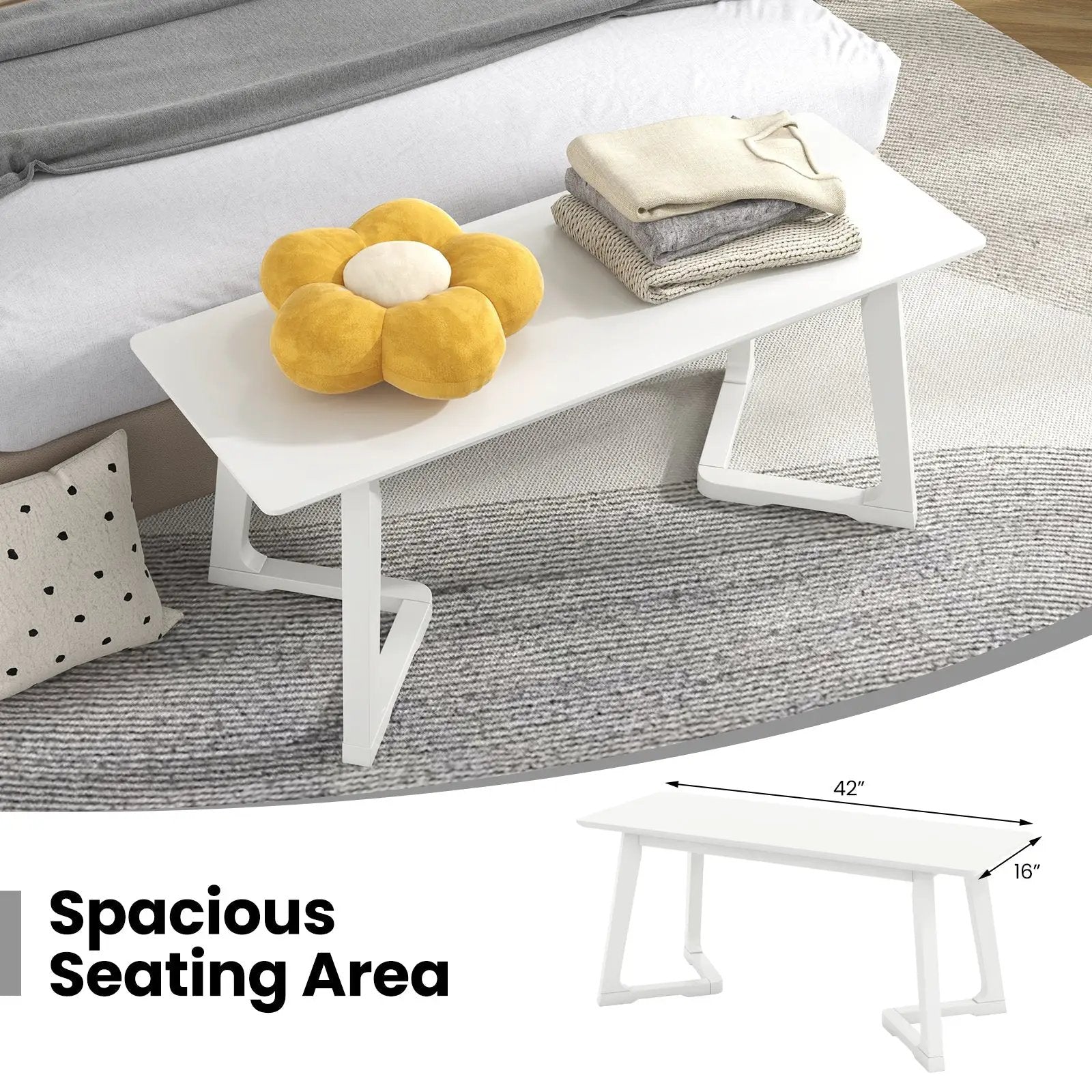 42 Inch Modern Entryway Bench Long Dining Bench with Rubber Wood Legs-White by DirectDeals