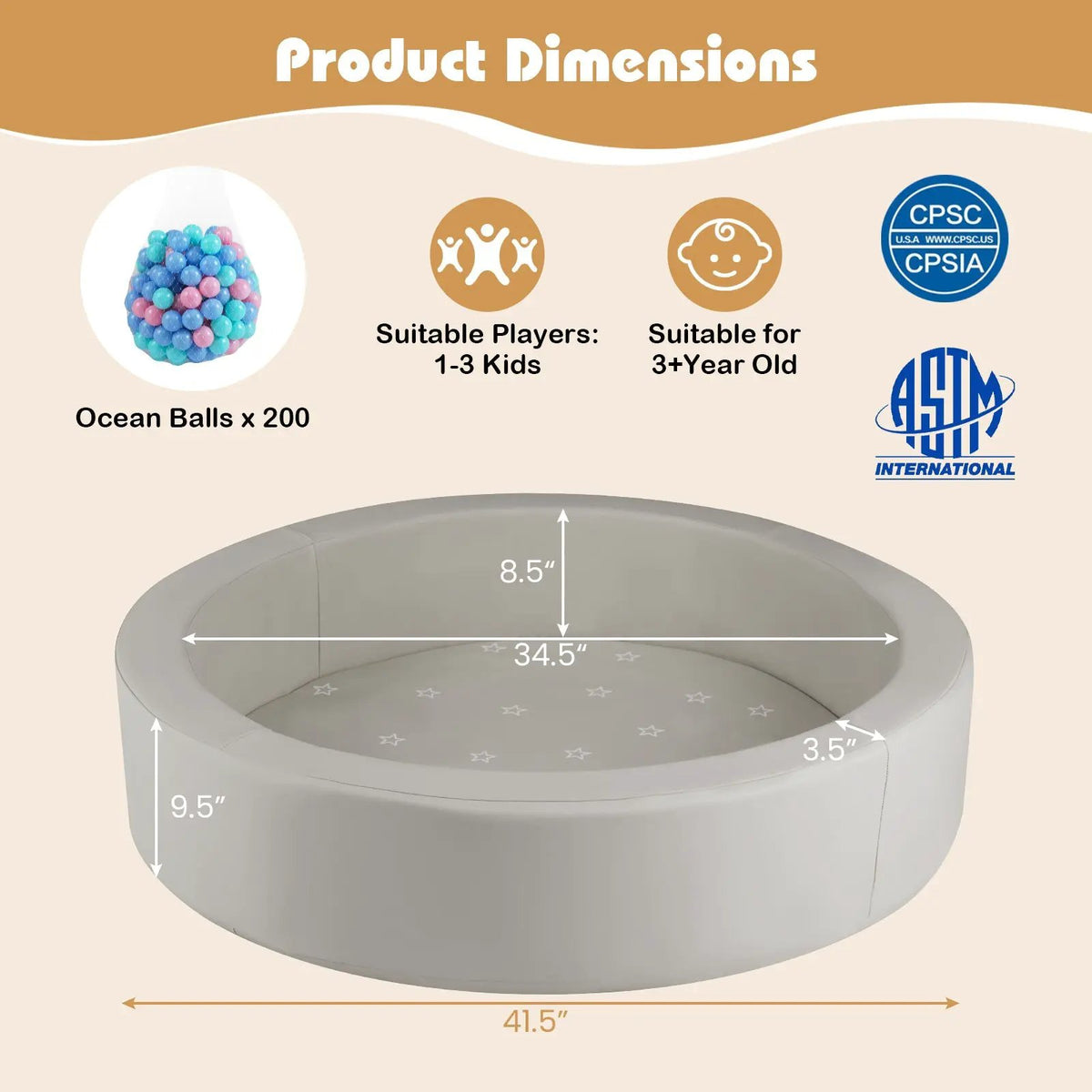 42.5 Inch Round Foam Ball Pits with 25D Sponge Filling and Washable PU Cover for Toddlers, photo 9 of 16