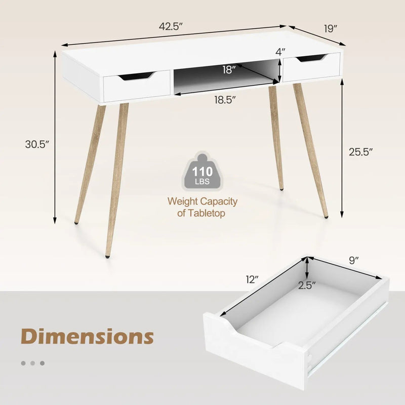 42.5" Mid Century Modern Writing Desk with Metal Leg and Drawers by DirectDeals