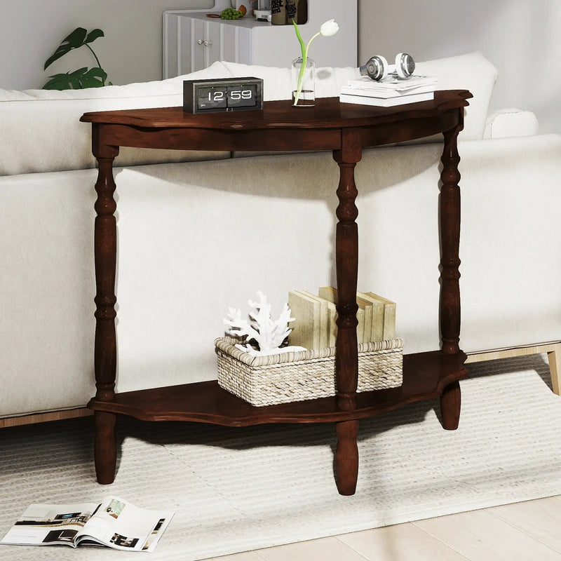 42 Inch Half Moon Console Table with Shelf and Rubber Wood Legs-Espresso by DirectDeals