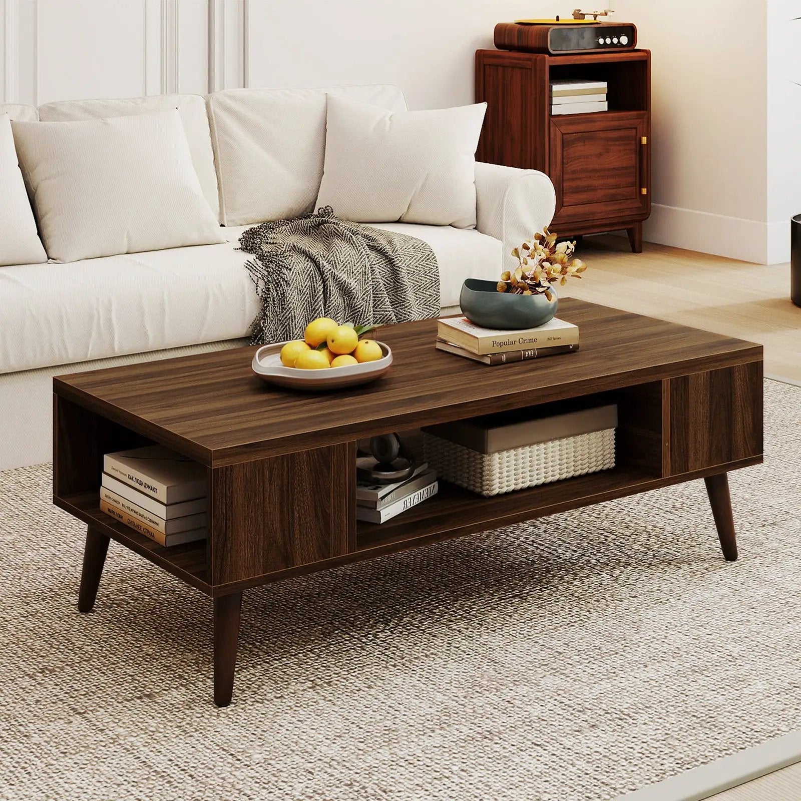 42 Inch Mid Century Modern Coffee Table Rectangular with Open Compartment-Walnut by DirectDeals