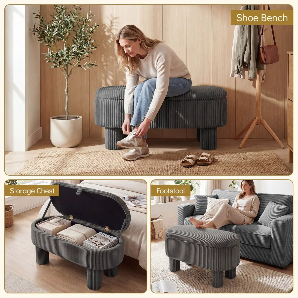 42 Inch Storage Ottoman Bench Corduroy Fabric Upholstered Foot Stool, photo 14 of 16