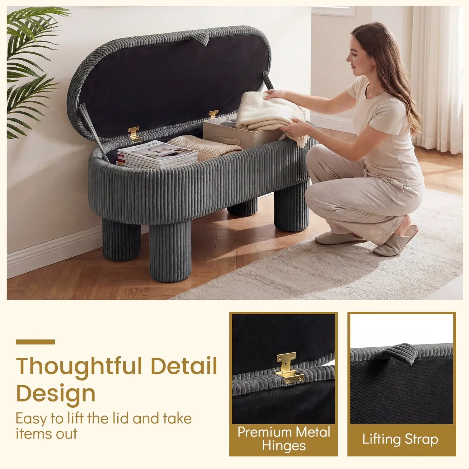 42 Inch Storage Ottoman Bench Corduroy Fabric Upholstered Foot Stool by DirectDeals
