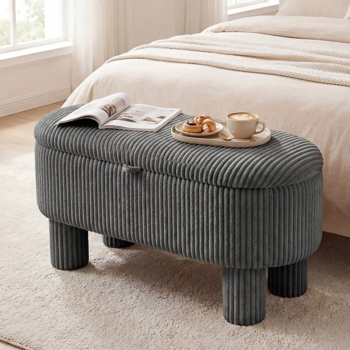 42 Inch Storage Ottoman Bench Corduroy Fabric Upholstered Foot Stool, photo 13 of 16