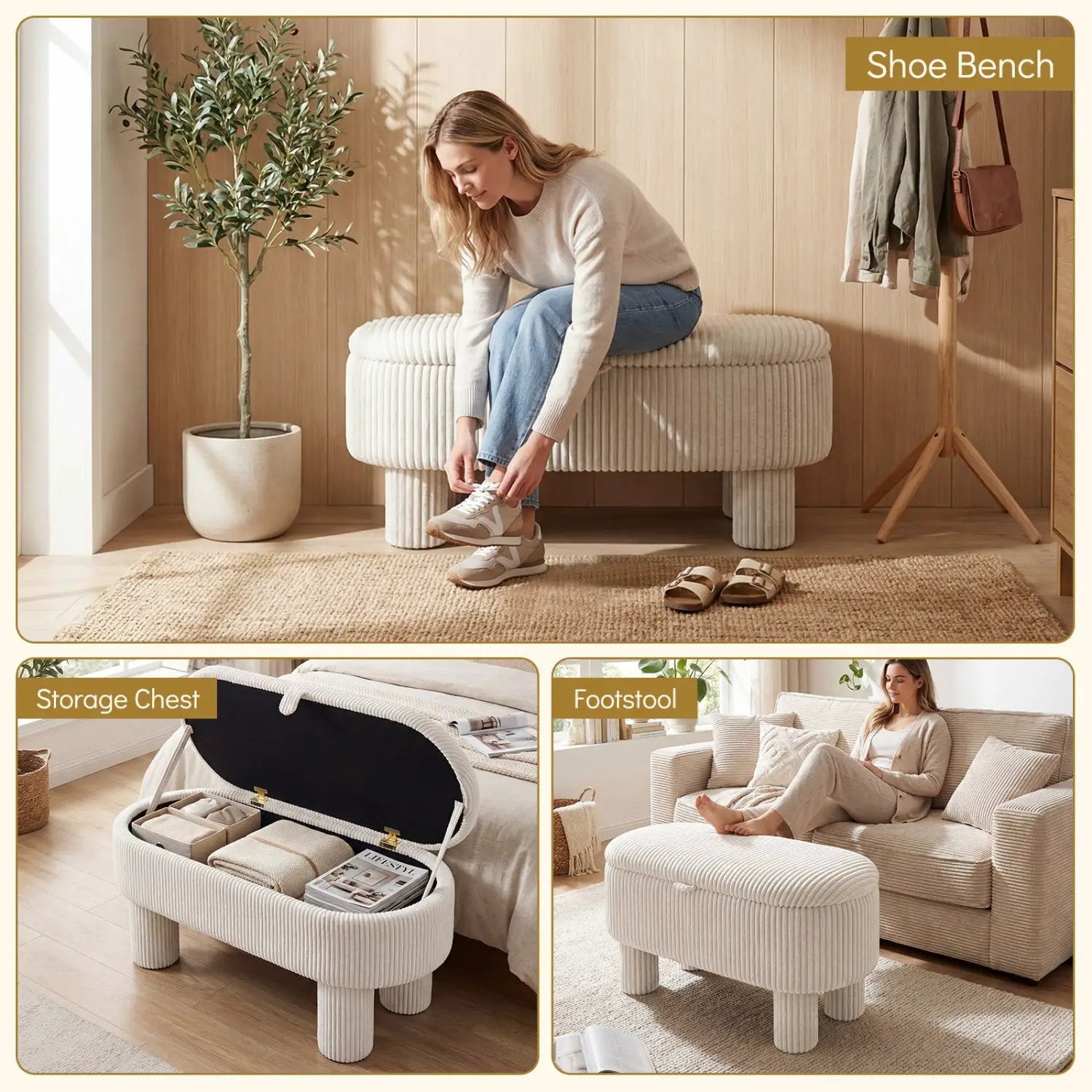 42 Inch Storage Ottoman Bench Corduroy Fabric Upholstered Foot Stool by DirectDeals