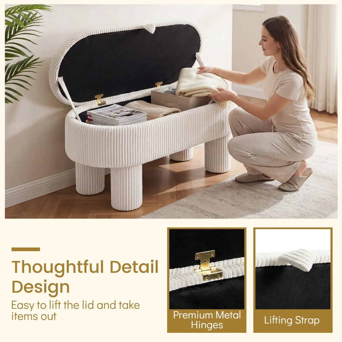 42 Inch Storage Ottoman Bench Corduroy Fabric Upholstered Foot Stool, photo 8 of 16