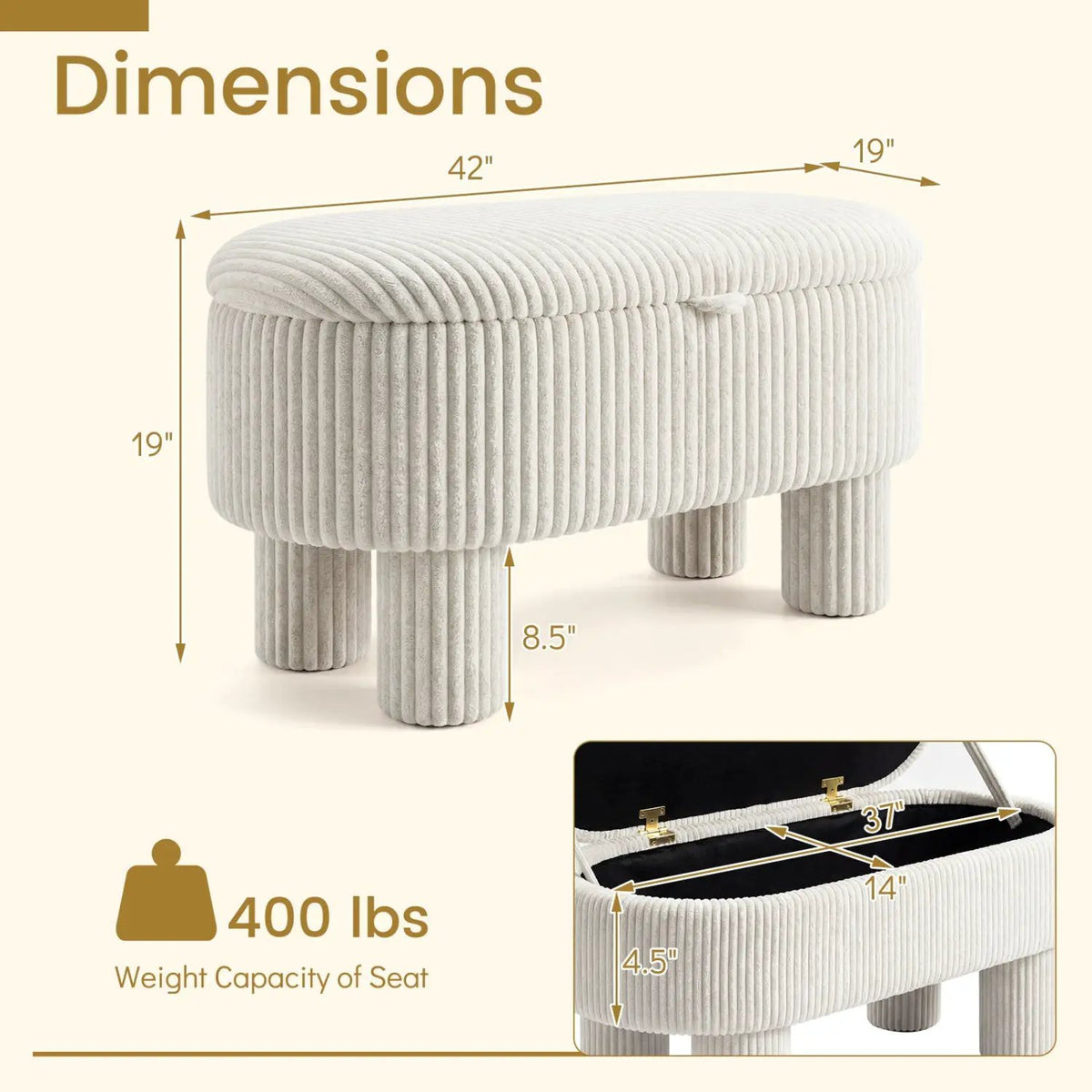 42 Inch Storage Ottoman Bench Corduroy Fabric Upholstered Foot Stool, photo 5 of 16
