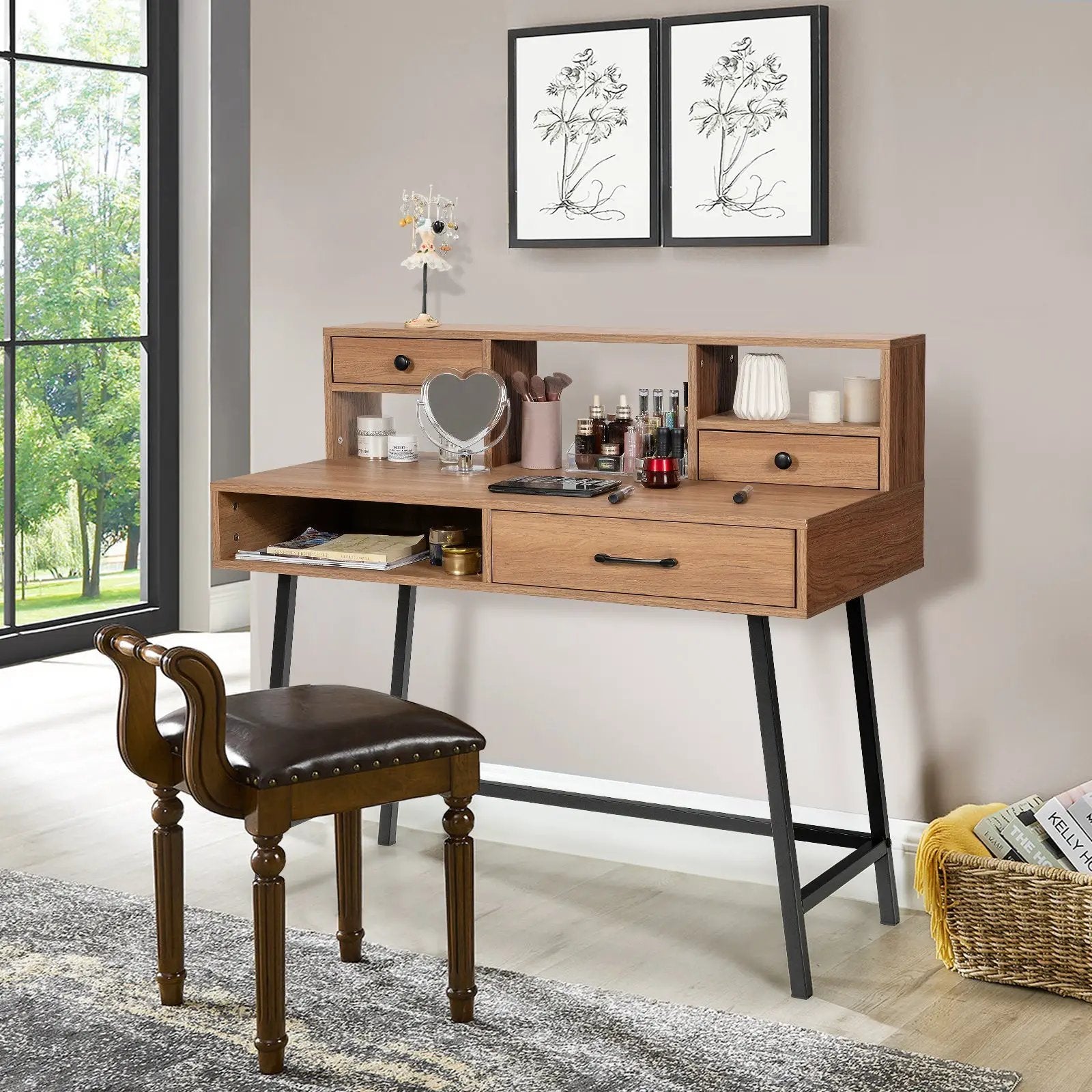 42-Inch Vanity Desk with Tabletop Shelf and 2 Drawers-Natural by DirectDeals
