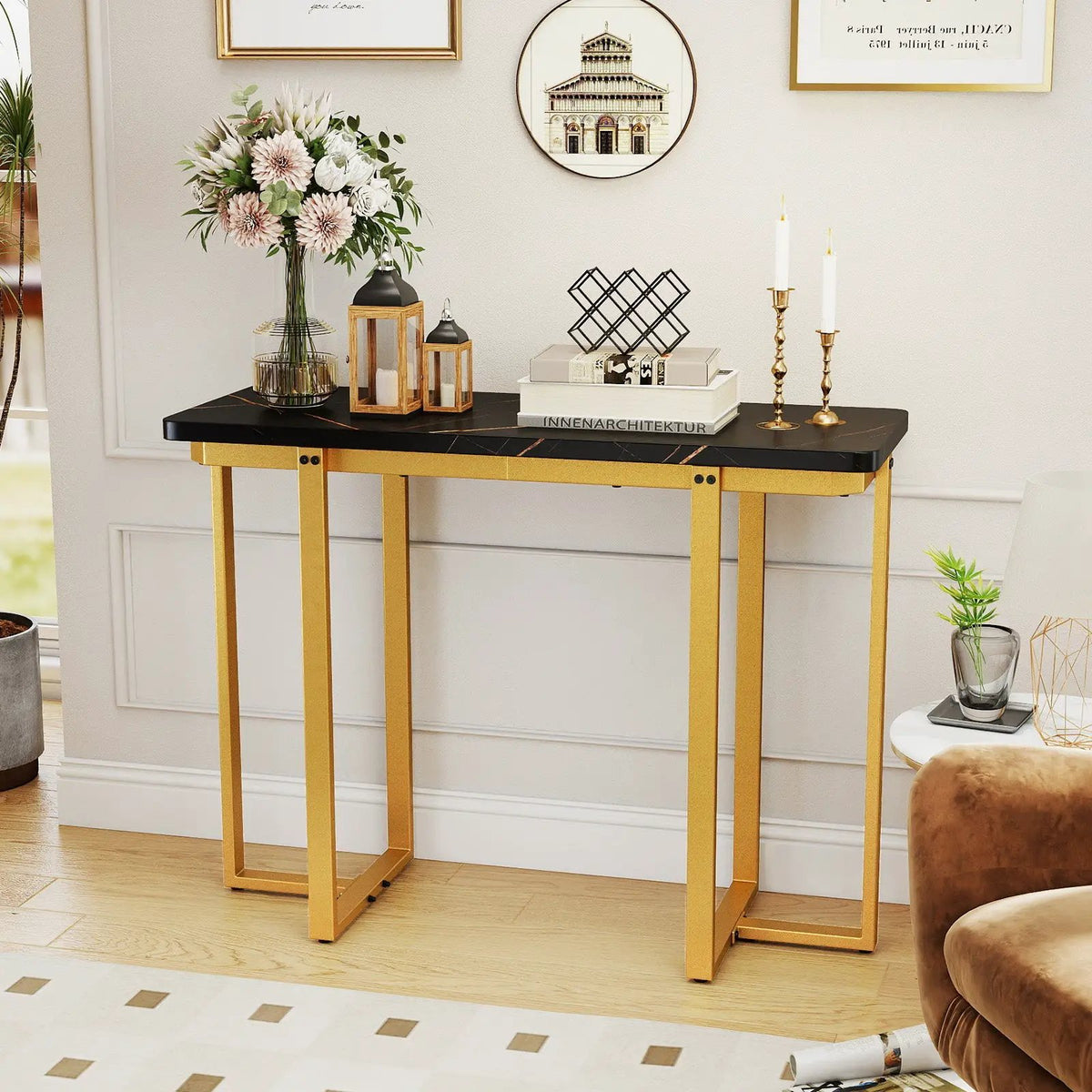 42 Inches Modern Faux Marble Entryway Table with Geometric Metal Frame by DirectDeals