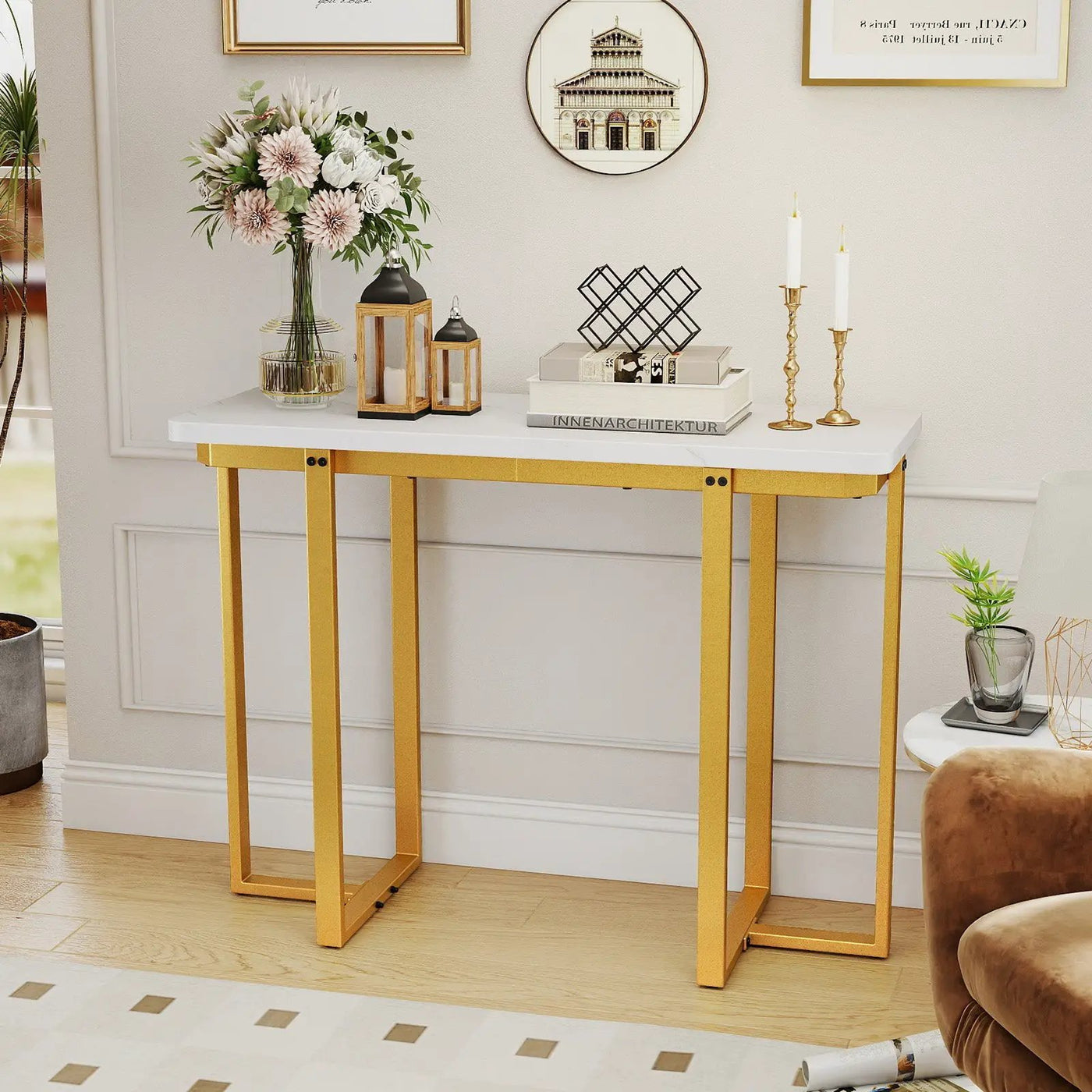 42 Inches Modern Faux Marble Entryway Table with Geometric Metal Frame by DirectDeals