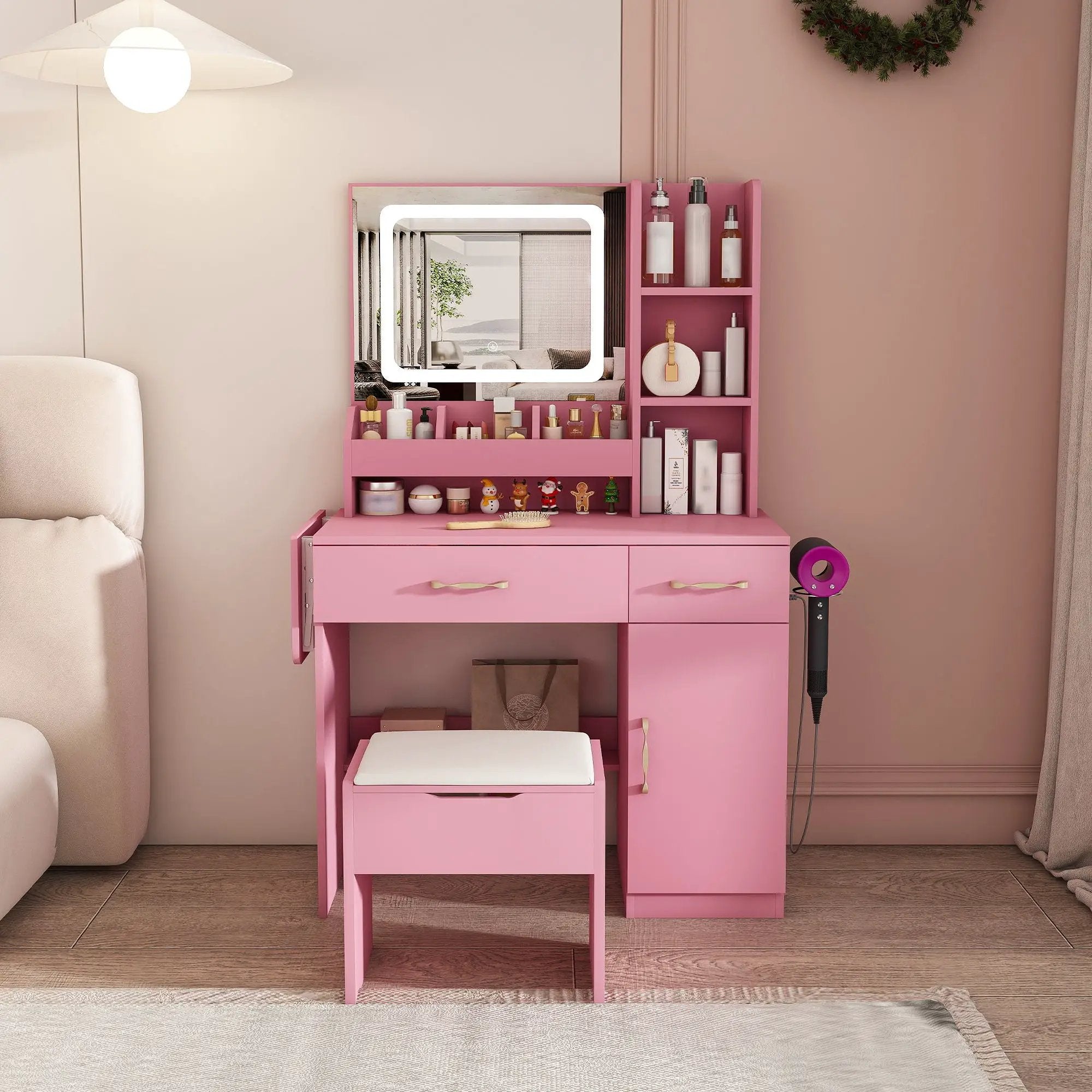 Vanity Desk With LED Mirror Lights And Power Outlet Charging Station, 3 Drawers, 7 Shelves, Storage Stool - Pink by HouseOfZazla