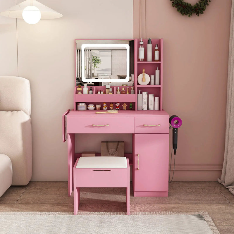 Vanity Desk With LED Mirror Lights And Power Outlet Charging Station, 3 Drawers, 7 Shelves, Storage Stool - Pink by HouseOfZazla