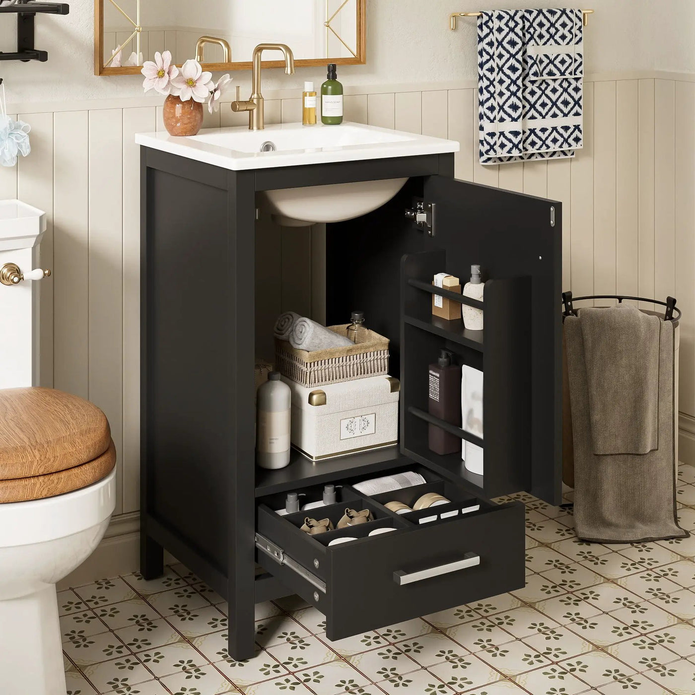 Bathroom Vanity With Ceramic Sink, Soft Close Drawers, Door Organizer, Divider Drawer, Adjustable Foot Pads by Unique Piece Furniture