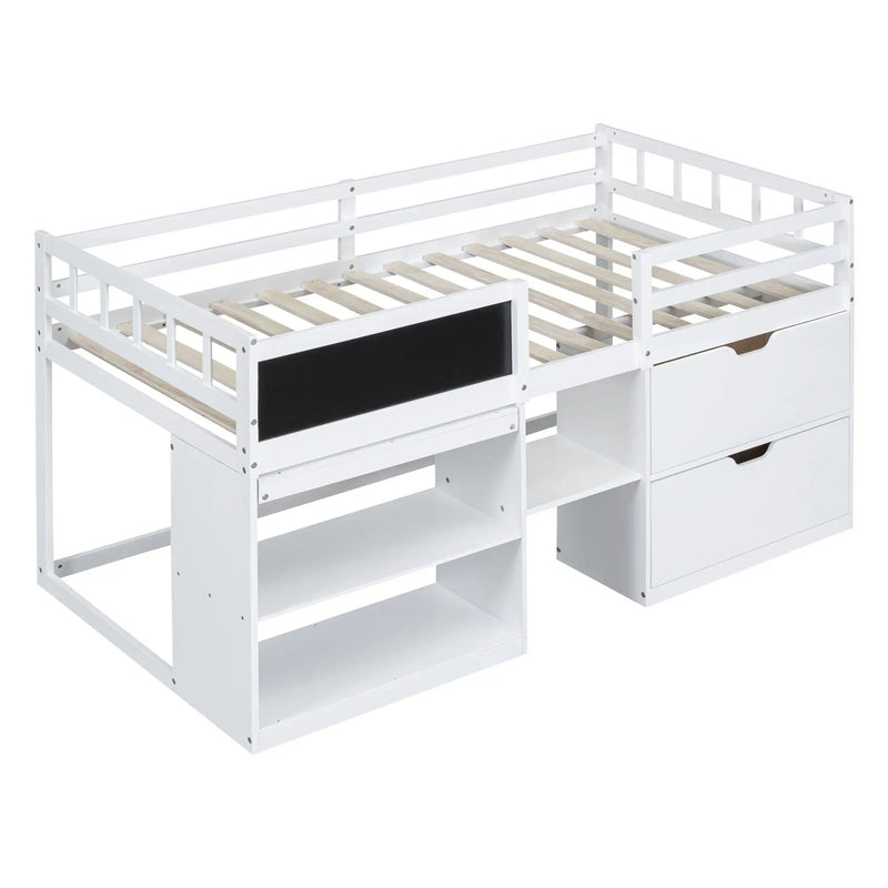 Low Loft Bed With Rolling Desk, Shelf And Drawers by HouseOfZazla