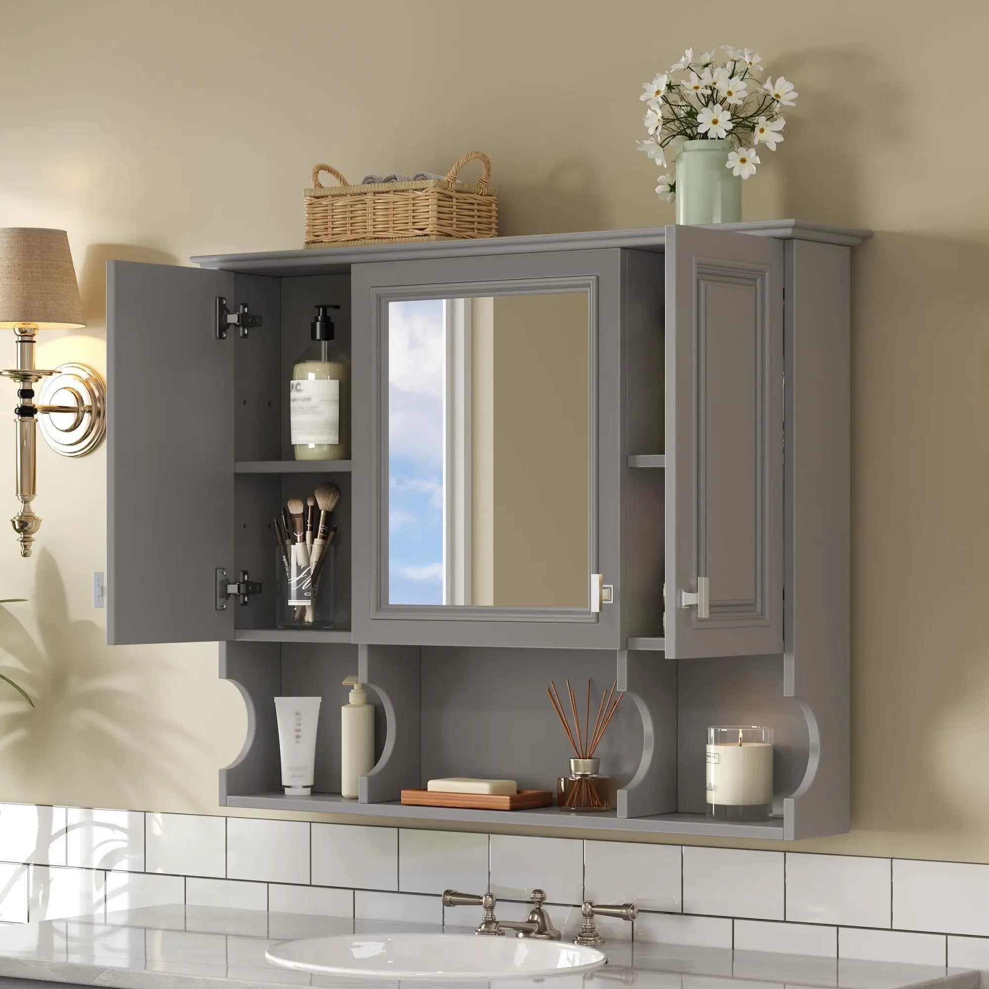 Wall Mounted Bathroom Medicine Wall Cabinet With Mirror & Open Shelves by Unique Piece Furniture