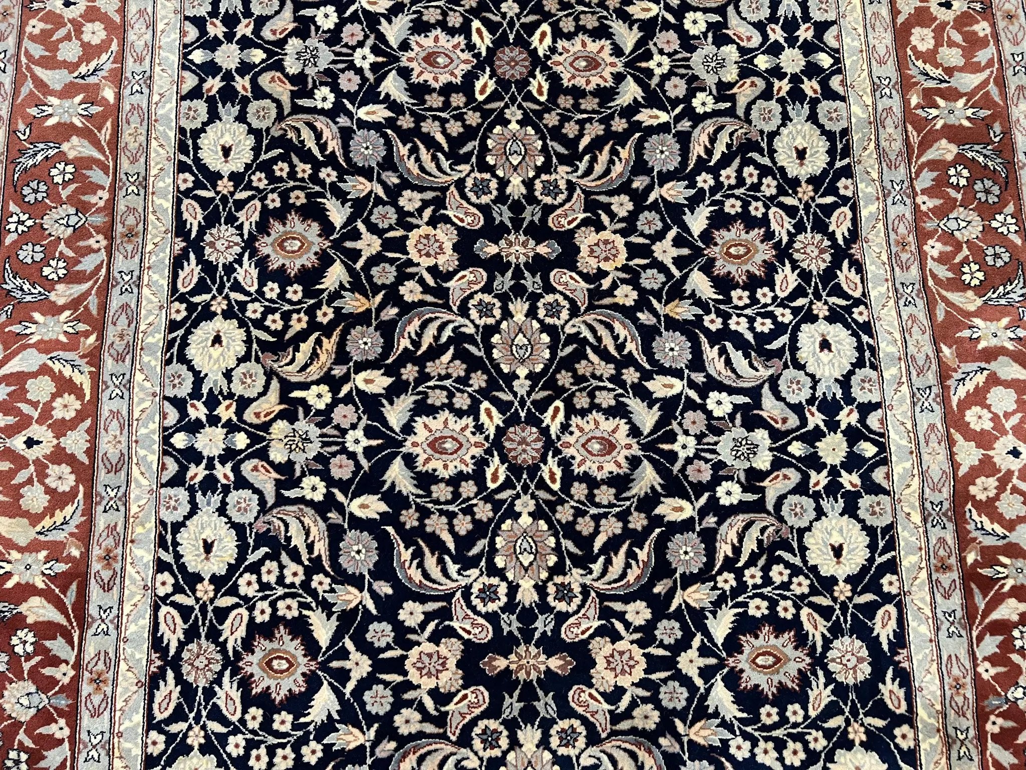 Indo Sarouk Rug 6x9, Vintage Indian Persian Rug, Wool Oriental Carpet, Navy Blue Red Allover Floral Rug, Traditional Very Fine Rug, Area Rug by Jewel Rugs