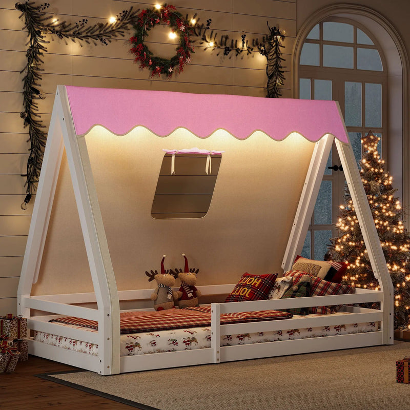 Twin Size House Floor Bed with Tent and Light by HouseOfZazla