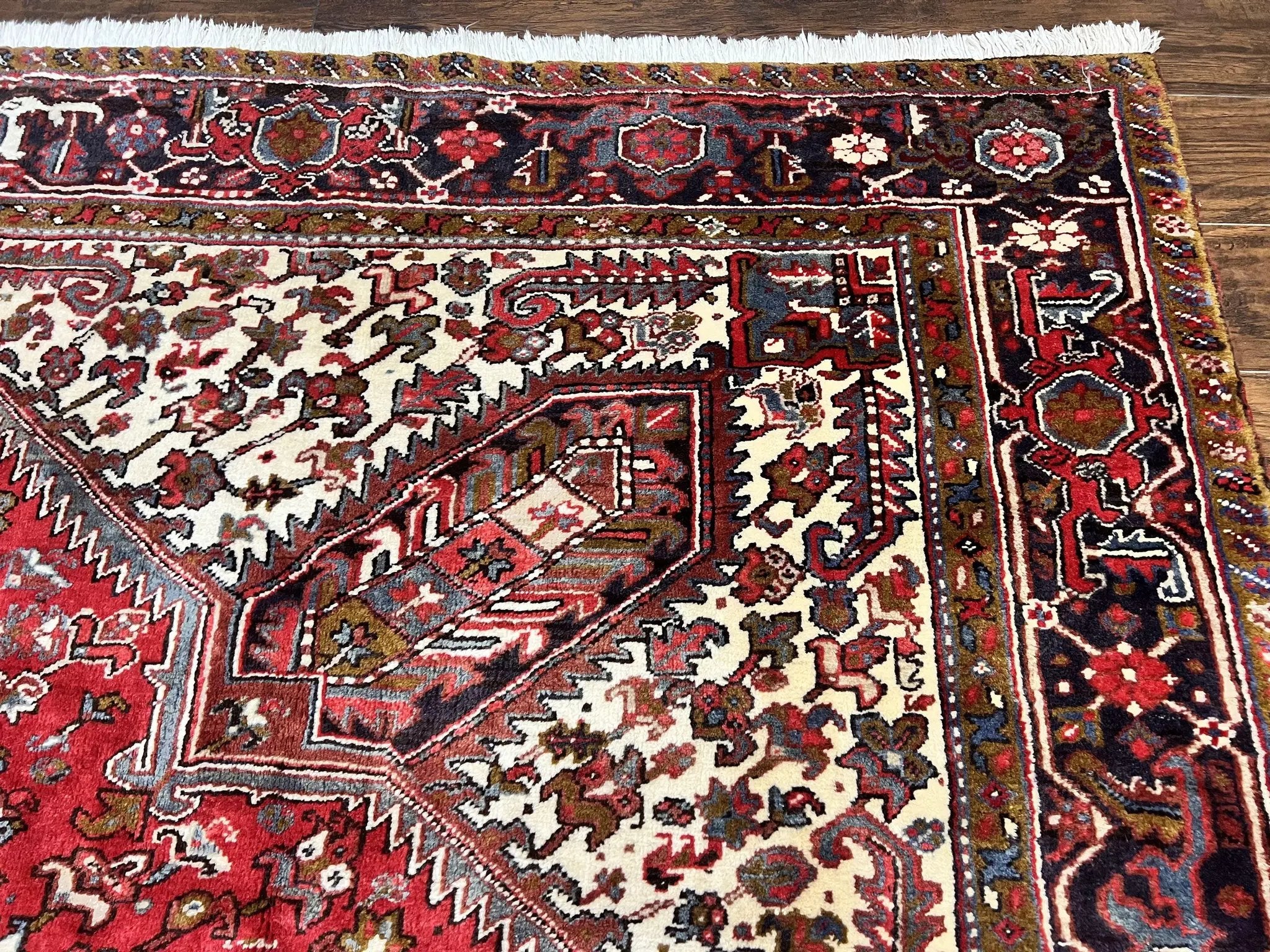 Large Persian Heriz Rug 10x13, Wool Hand Knotted Antique Carpet, Red and Ivory, Geometric Tribal Room Sized Rug, Decorative Oriental Rug by Jewel Rugs