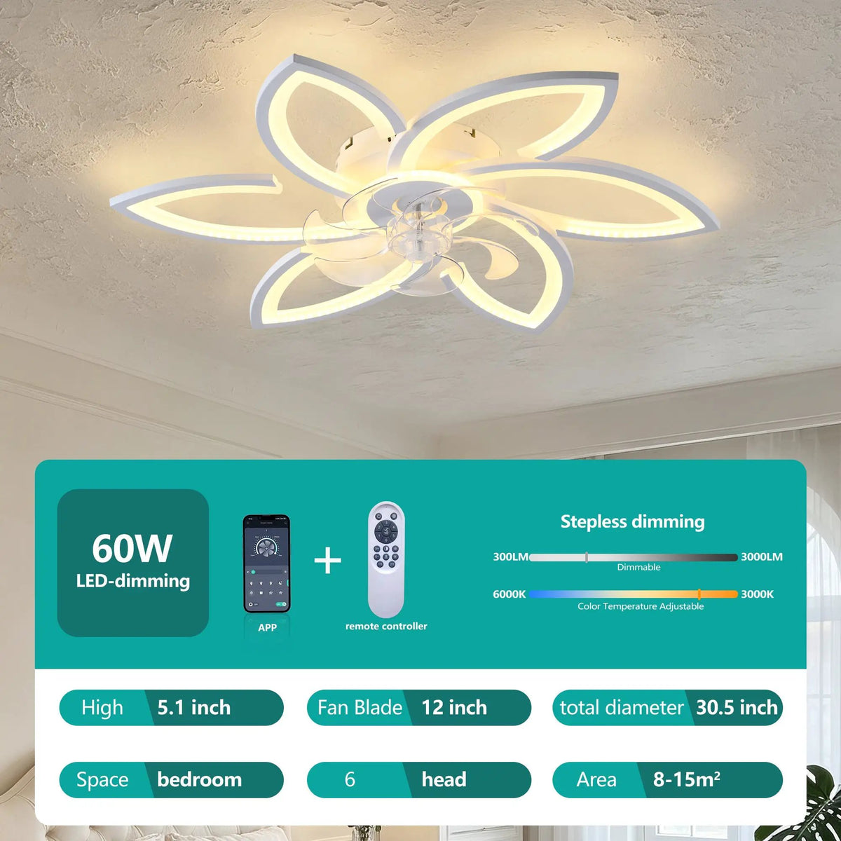 30" White Flower 6 Speeds Flush Mount Ceiling Fan by HouseOfZazla