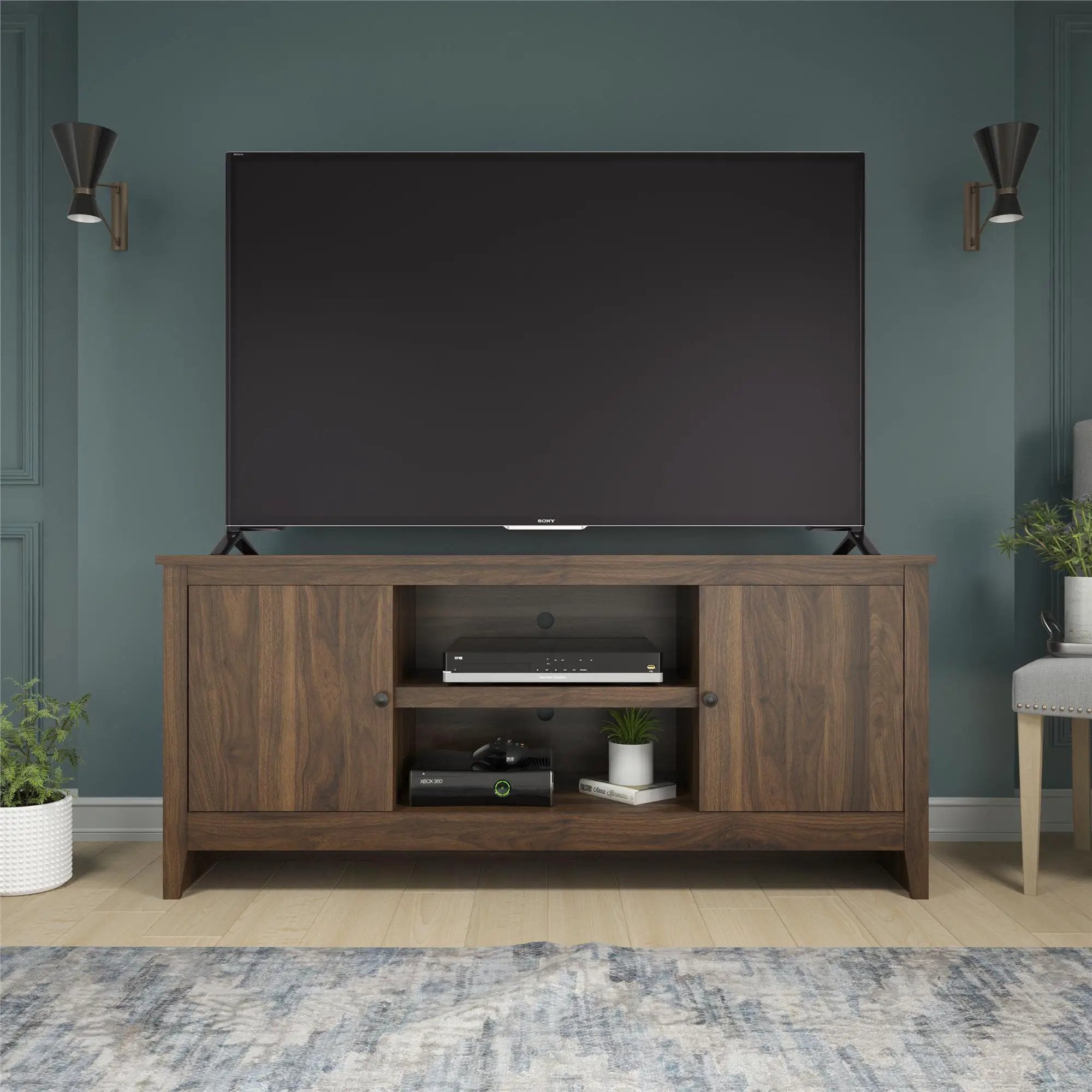 TV Stand For TVs Up To 65" With Open Shelves And Storage Cabinets - Walnut by HouseOfZazla