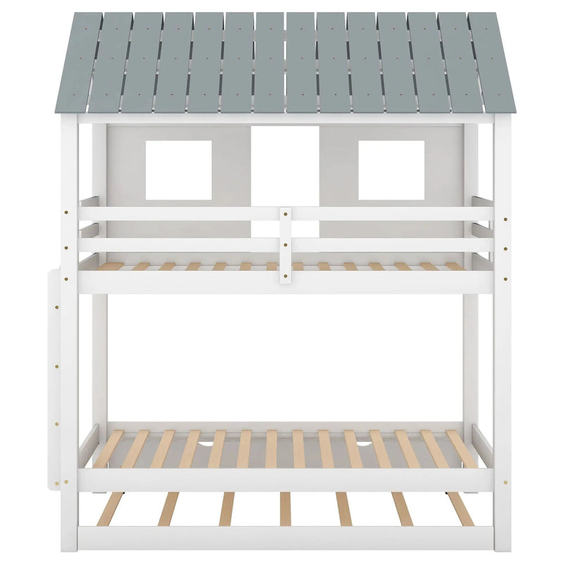 Twin Size House Bunk Bed With Trundle, Roof And Windows - White / Gray by HouseOfZazla