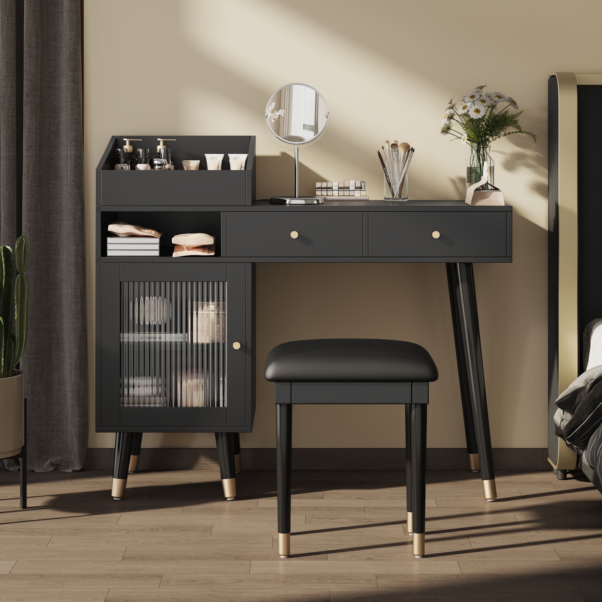 Modern Makeup Vanity Desk With Drawers Cabinet & Charging Port Engineered Wood Space Saving Design For Small Places - Black by Unique Piece Furniture